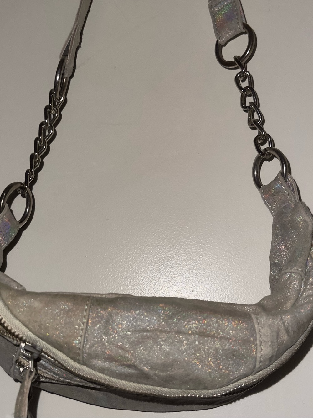 Free People Iridescent White Mini Shoulder Bag with Chain Strap